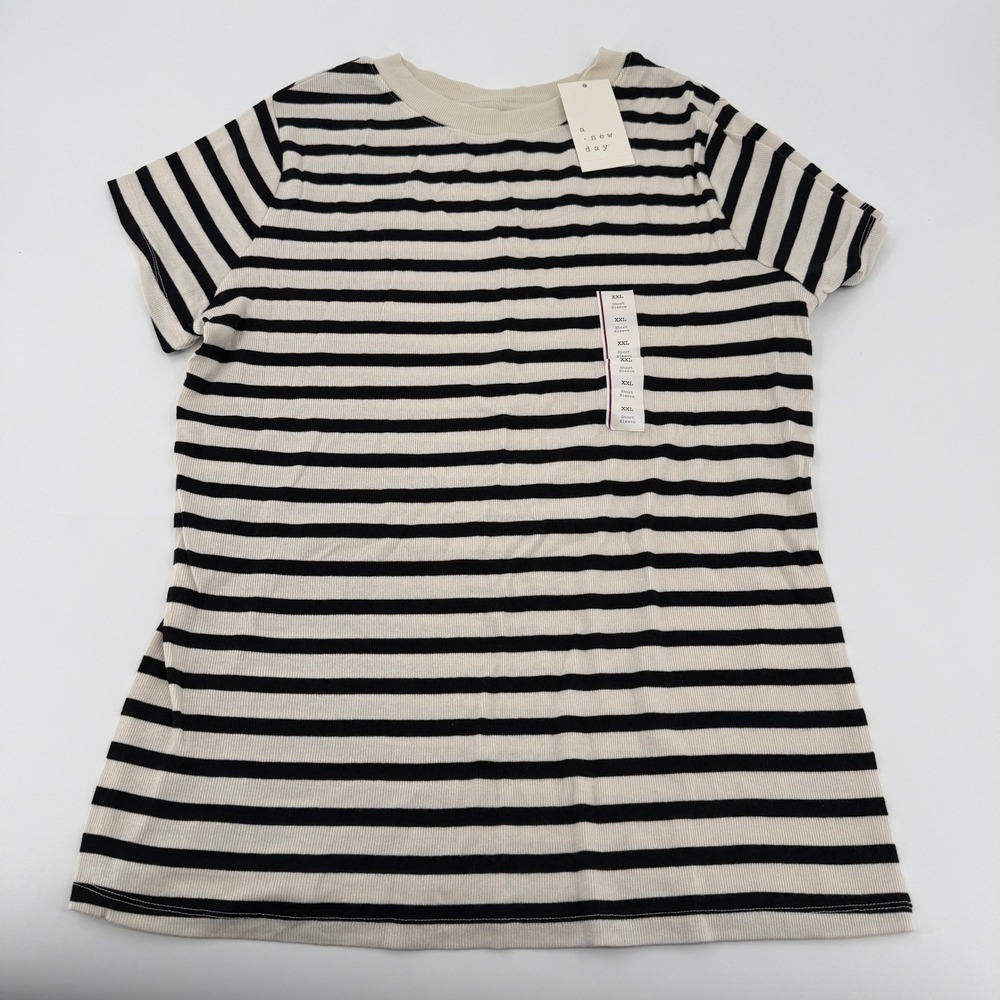 NWT A New Day Womens XXL Striped Ribbed Short Sleeve T-Shirt Cream Black M9P8KL